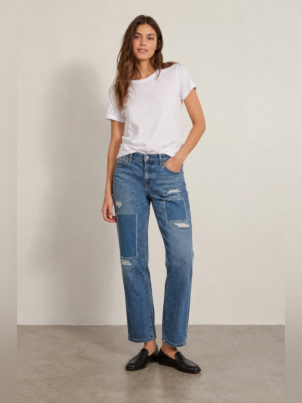 Madewell Slim Boyjean Patchwork Distressed Jeans Size 26 Straight Leg Denim